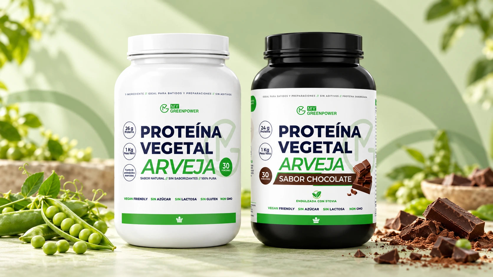 Proteínas de arveja natural y chocolate Mygreenpower juntas
