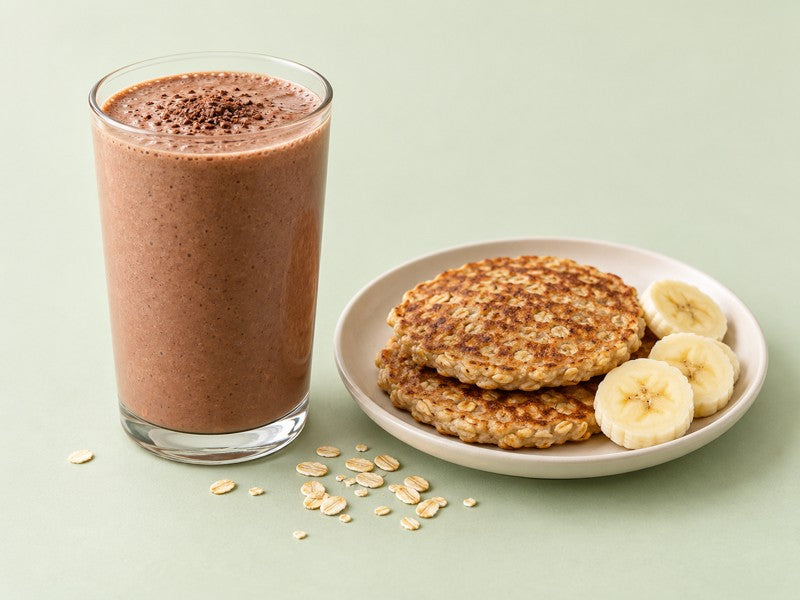 Batido de chocolate y panqueques con banana